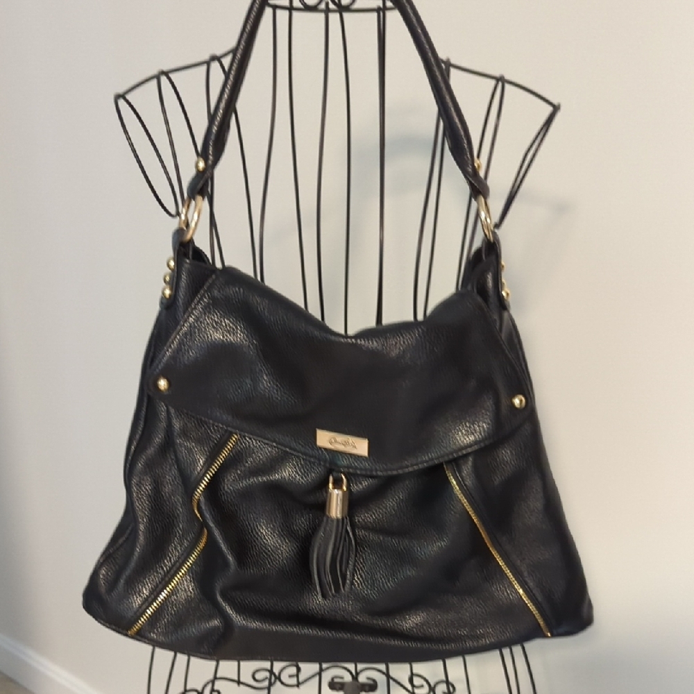 Onna Ehrlich Black Leather Shoulder Bag with Gold Accents